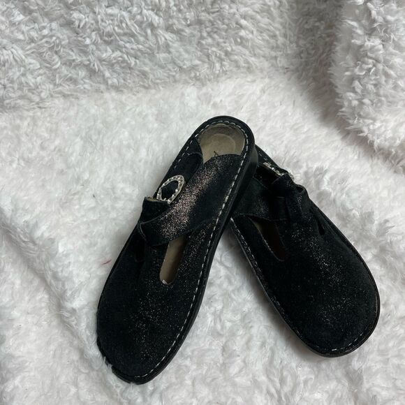 Alegria Paloma leather black glittery suede mules with side buckle  SZ 37 - Picture 2 of 10